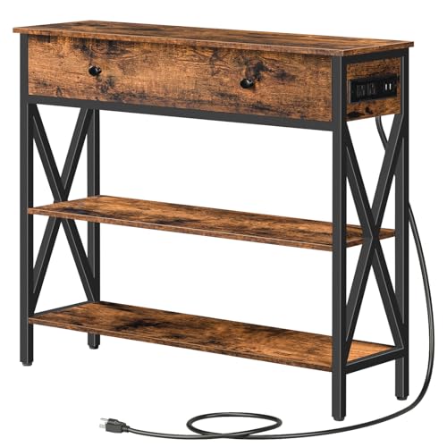 Rustic Brown Console Table with Outlets & USB, Drawer & Shelves