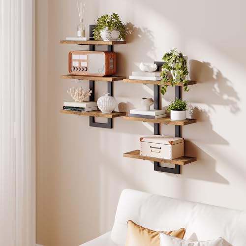 2-Pack Floating 3-Tier Wall Shelves for Bathroom, Living Room, Bedroom, Kitchen - Rustic Brown/Black
