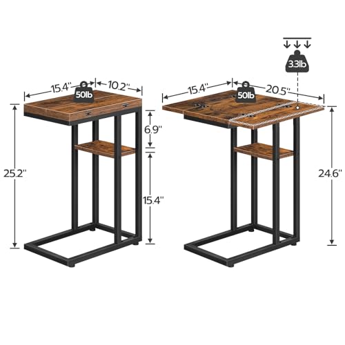 Foldable C Shaped End Table with Storage Shelf for Small Spaces, Easy Assembly - Rustic Brown