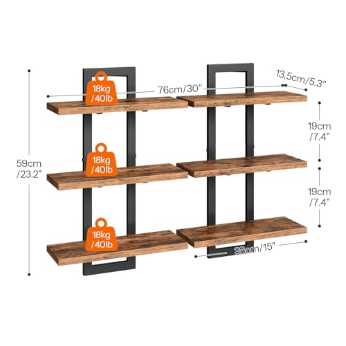 2-Pack Floating 3-Tier Wall Shelves for Bathroom, Living Room, Bedroom, Kitchen - Rustic Brown/Black
