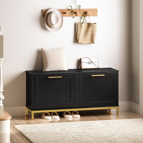 Shoe Storage Bench with Drawers for Entryway - Black and Gold