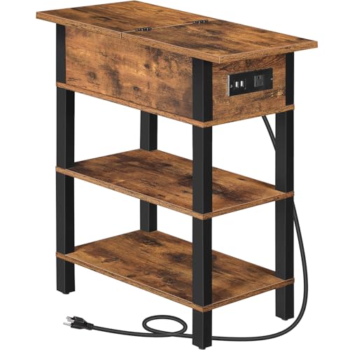 Rustic Brown & Black End Table with USB Ports for Small Spaces