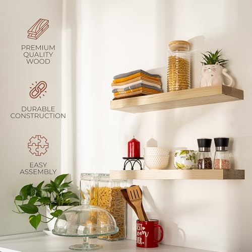Natural Pine Wooden Floating Shelves Set for Walls; No Drill Wall Mounted Shelf; Living Room, Bathroom, Kitchen, Bedroom Bookshelf; DIY-Natural, 24 inch