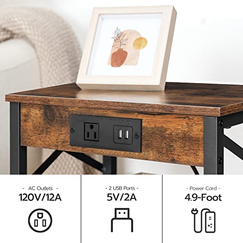 Rustic Brown & Black Nightstand with Charging Station