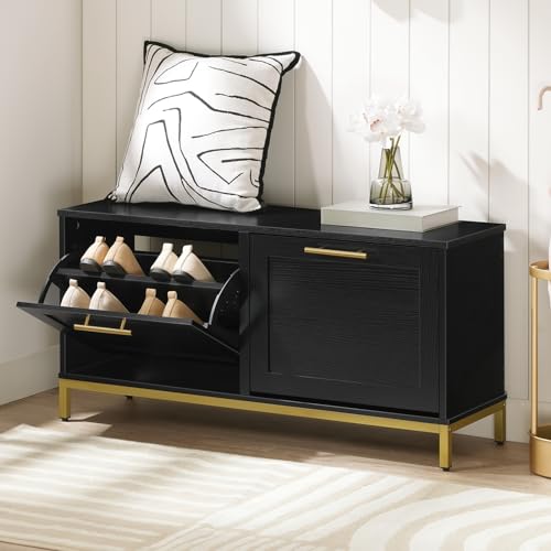 Shoe Storage Bench with Drawers for Entryway - Black and Gold