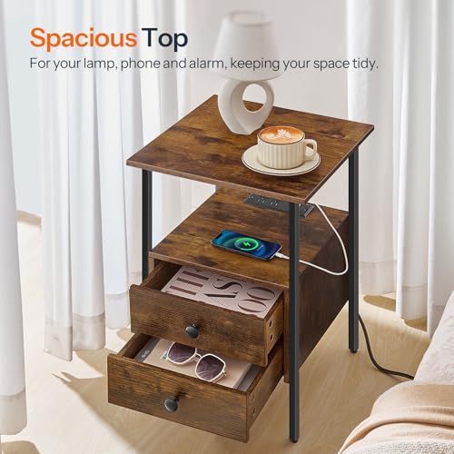 Rustic Brown Bedside End Table with Charging Station and USB Ports for Small Spaces