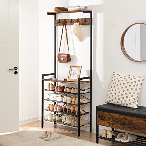 Industrial Coat and Shoe Rack with Bench for Entryway, 5 Hooks, Rustic Brown