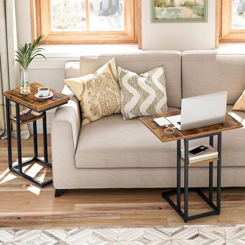 Foldable C Shaped End Table with Storage Shelf for Small Spaces, Easy Assembly - Rustic Brown