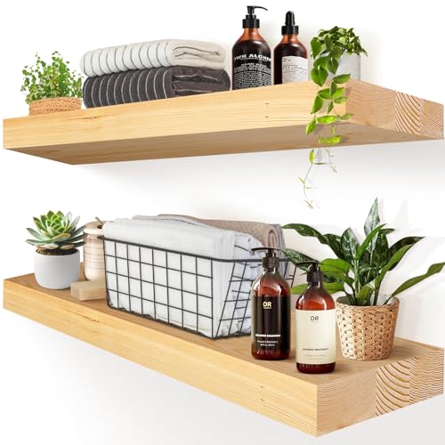 Natural Pine Wooden Floating Shelves 24" Wall Set (2 Pack)