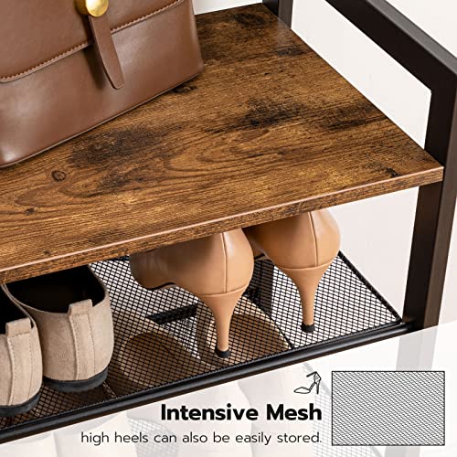 Rustic Brown Industrial Coat and Shoe Rack with Bench, 5 Hooks