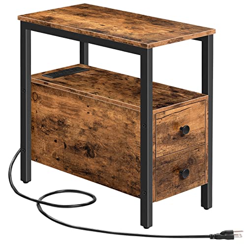 Rustic Brown and Black Narrow Side Table with Charging Station and 2 Drawers for Small Spaces