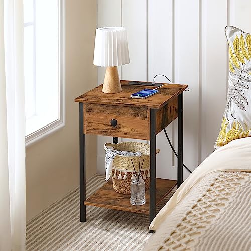 Rustic Brown Nightstand with Charging Station and USB Ports for Bedroom
