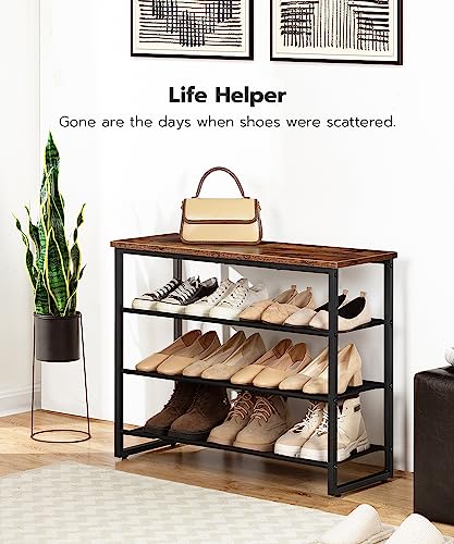 4 Tier Shoe Rack Organizer for Entryway and Closet, Industrial Rustic Brown - Holds 12-16 Pairs