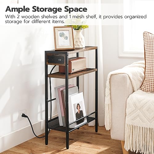 Rustic Brown Slim Side Table with Charging Station & Storage