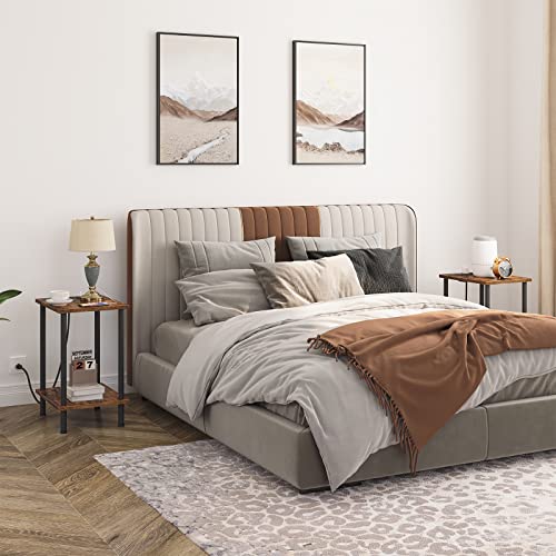 Rustic Brown Side Table with Charging Station and Storage for Small Spaces