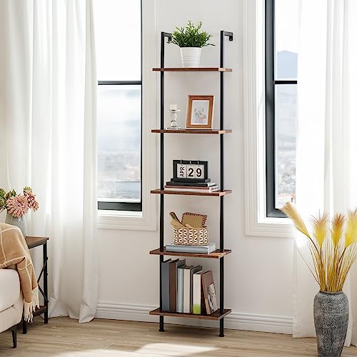 DIY 5-Tier Wooden Ladder Shelf for Home Décor in Rustic Brown and Black