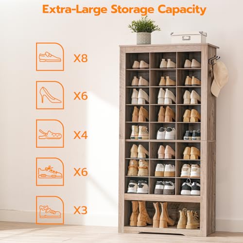 Tall Wooden Shoe Cabinet Organizer with 24 Cubbies and 3 Hooks for Entryway and Closet