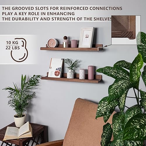 Handcrafted 24 Inch Natural Wood Floating Wall Shelves (Set of 2) - American Walnut, Waterproof, Photo Displaylip