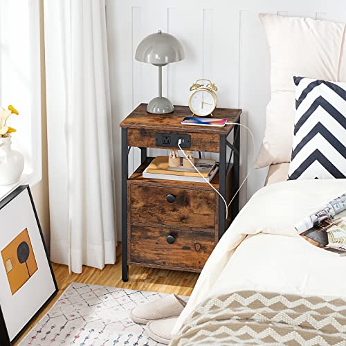 Nightstand with Charging Station and USB Port for Bedroom, Rustic Brown and Black