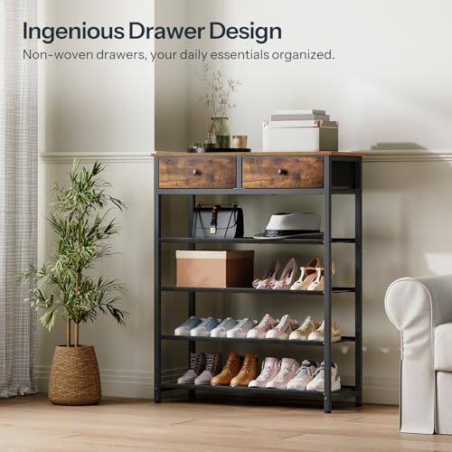 5 Tier Shoe Rack with Drawers for Entryway, Rustic Brown - Shoe Organizer for 16-20 Pairs