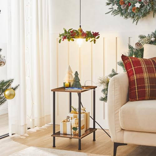 Rustic Brown Side Table with Charging Station and Storage for Small Spaces