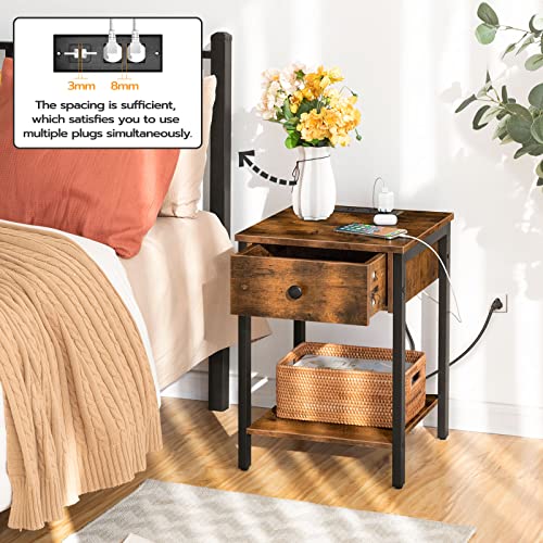 Rustic Brown Nightstand with Charging Station for Bedroom
