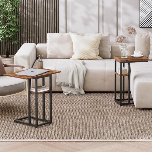 Rustic Brown Foldable C-Shaped End Table with Storage