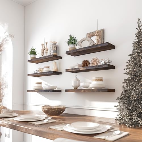 Wooden Wall Shelves for Bedroom, Set of 6 Brown 17 Inch