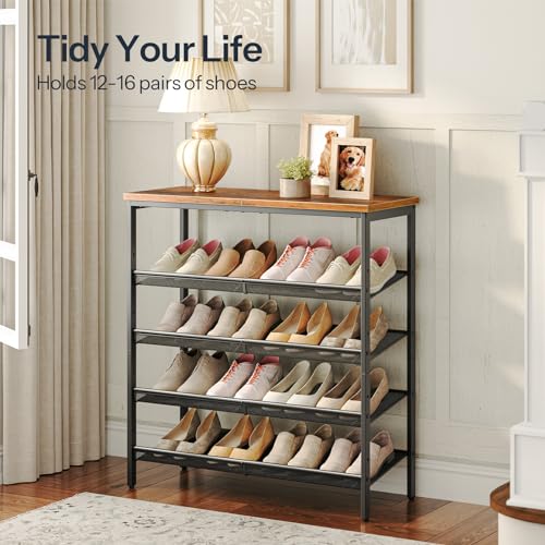 Rustic Brown 5-Tier Entryway Shoe Rack with Adjustable Shelves