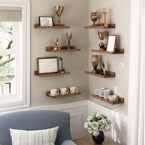 Rustic Brown Floating Shelves Set for Wall Decor - Set of 8 - For Bedroom, Bathroom, Nursery, Living Room