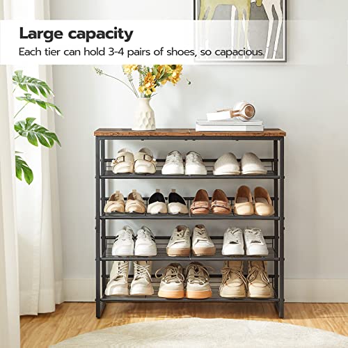 5 Tier Adjustable Shoe Rack for Entryway or Closet, Rustic Brown/Black - Holds 16-20 Pairs