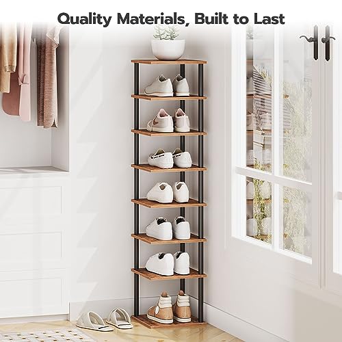 Vertical 8-Tier Shoe Rack for Small Spaces, Rustic Brown and Black - Ideal for Closet, Entryway, Hallway, Bedroom