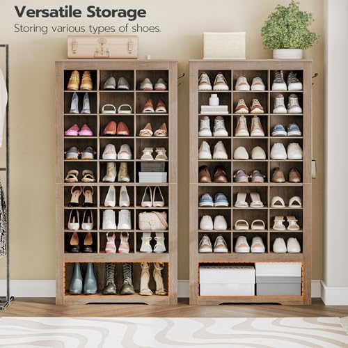 Tall Wooden Shoe Cabinet Organizer with 24 Cubbies and 3 Hooks for Entryway and Closet