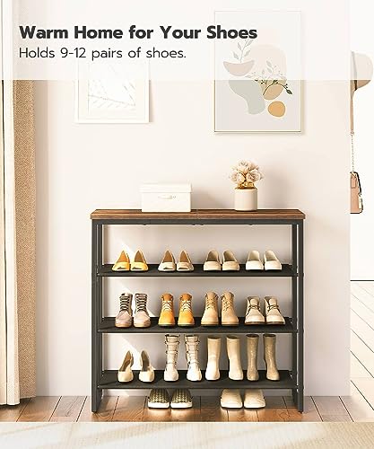 Industrial Rustic Brown 4-Tier Shoe Rack - Holds 12-16 Pairs