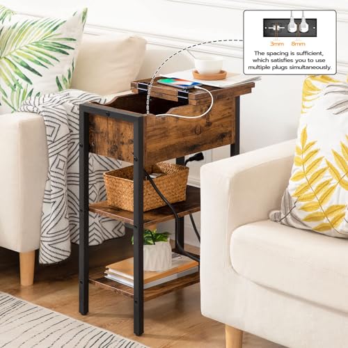 Narrow End Table with Charging Station and USB Ports for Small Spaces - Rustic Brown