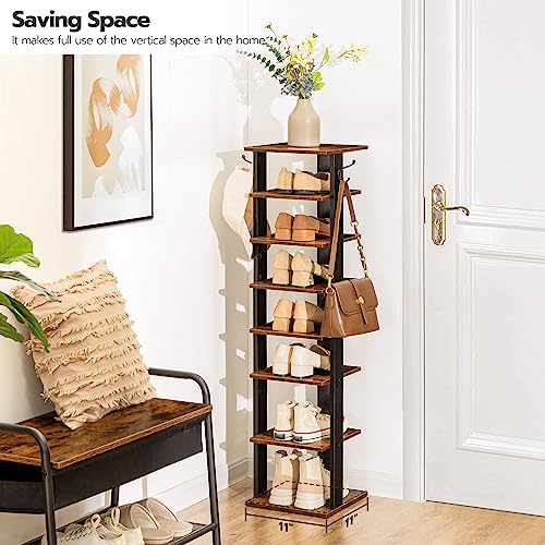 8-Tier Vertical Wooden Shoe Rack with Hooks for Entryway, Living Room, Bedroom (Rustic Brown)