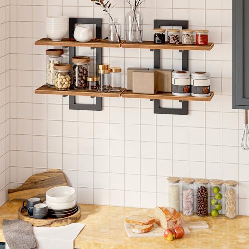 Floating Shelves Set of 2 for Bathroom, Bedroom, Kitchen - Rustic Brown and Black