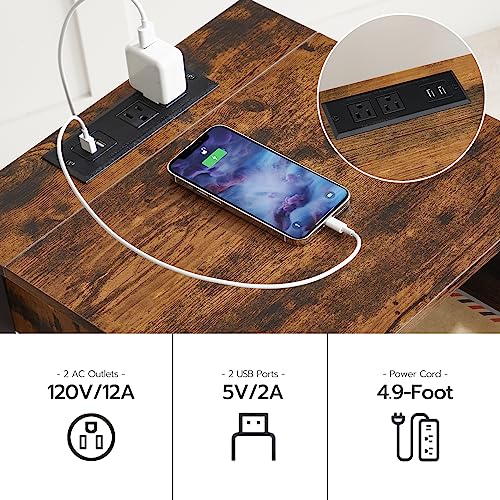 Rustic Brown Nightstand with Charging Station and USB Ports for Bedroom
