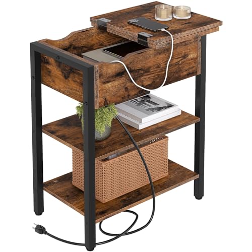 Narrow End Table with Charging Station and USB Ports for Small Spaces - Rustic Brown