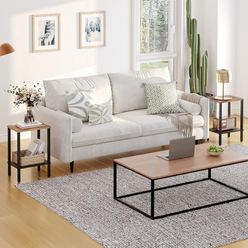 Small Rustic Brown and Black End Table with 2-Tier Shelves for Living Room
