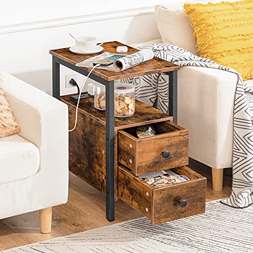 Rustic Brown and Black Narrow Side Table with Charging Station and 2 Drawers for Small Spaces