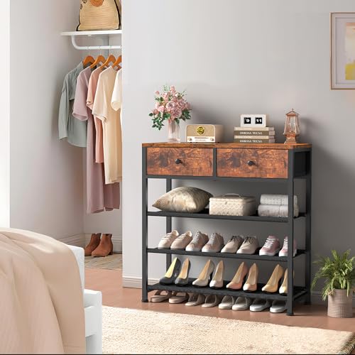 4 Tier Metal Shoe Rack Organizer with Drawers, 9-12 Pairs, Closet Entryway Stand - Rustic Brown