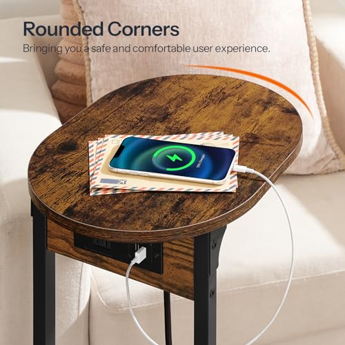 C Shaped End Table with Charging Station for Small Spaces - Rustic Brown and Black