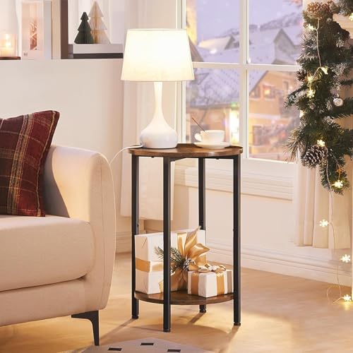 Round Side Table with Storage Shelf for Small Spaces, Living Room, Bedroom - Rustic Brown