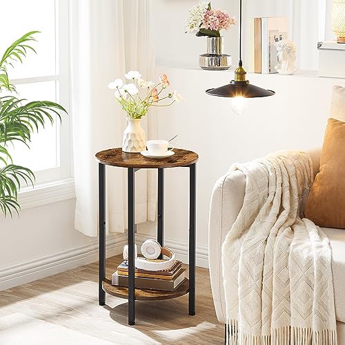 Round Side Table with Storage Shelf for Small Spaces, Living Room, Bedroom - Rustic Brown