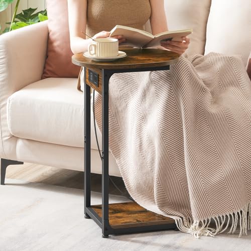 C Shaped End Table with Charging Station for Small Spaces - Rustic Brown and Black