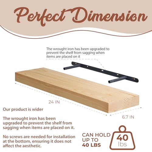 Natural Pine Wooden Floating Shelves Set for Walls; No Drill Wall Mounted Shelf; Living Room, Bathroom, Kitchen, Bedroom Bookshelf; DIY-Natural, 24 inch