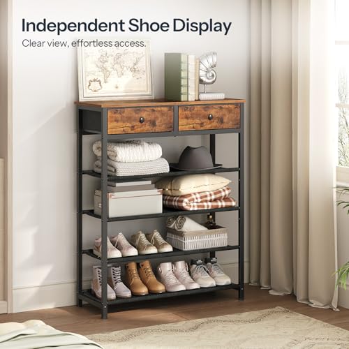 5 Tier Shoe Rack with Drawers for Entryway, Rustic Brown - Shoe Organizer for 16-20 Pairs