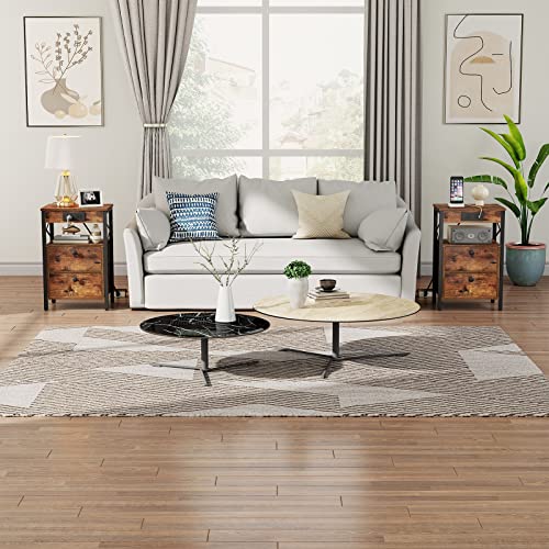 Nightstand with Charging Station and USB Port for Bedroom, Rustic Brown and Black