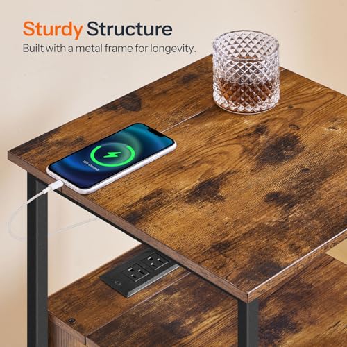 Rustic Brown Bedside End Table with Charging Station and USB Ports for Small Spaces